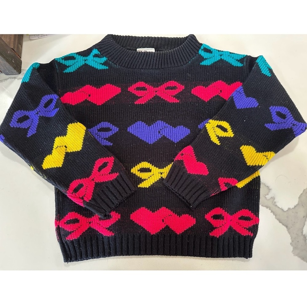 Vintage Hot Fudge Kids Sweater Black Colorful Hearts Bows Knit USA Made